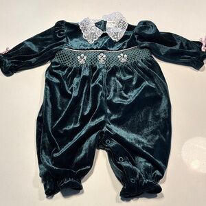 Vintage Green Velvet Baby Romper with Lace Collar